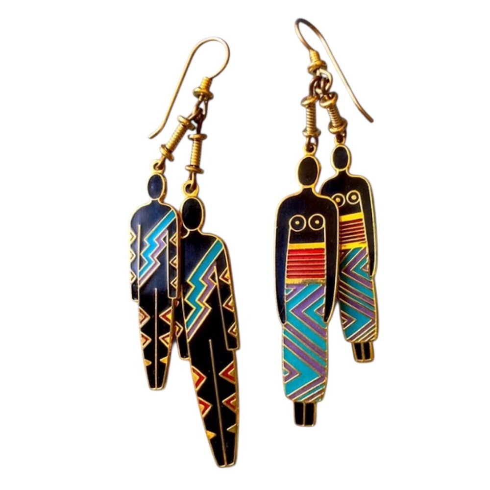 80s Vintage Laurel Burch Tribal People 12 Karat Gold Dangle Drop Earrings